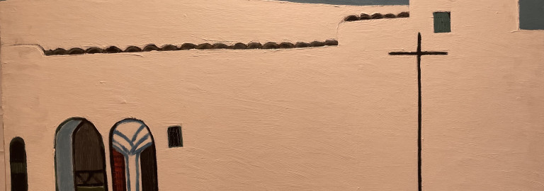 Ein Gemälde von Karl Nerud zeigt eine weiße Kirche auf Ibiza