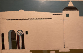 Ein Gemälde von Karl Nerud zeigt eine weiße Kirche auf Ibiza