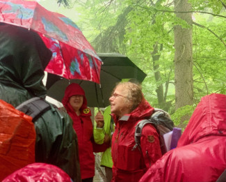 Diakonin Gabi Neumann-Beiler inmitten der Teilnehmer:innen, die sich mit bunten Regenschirmen und Jacken gegen den Regen schützen.
