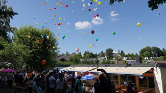 Bunte Luftballons steigen in den blauen Himmel